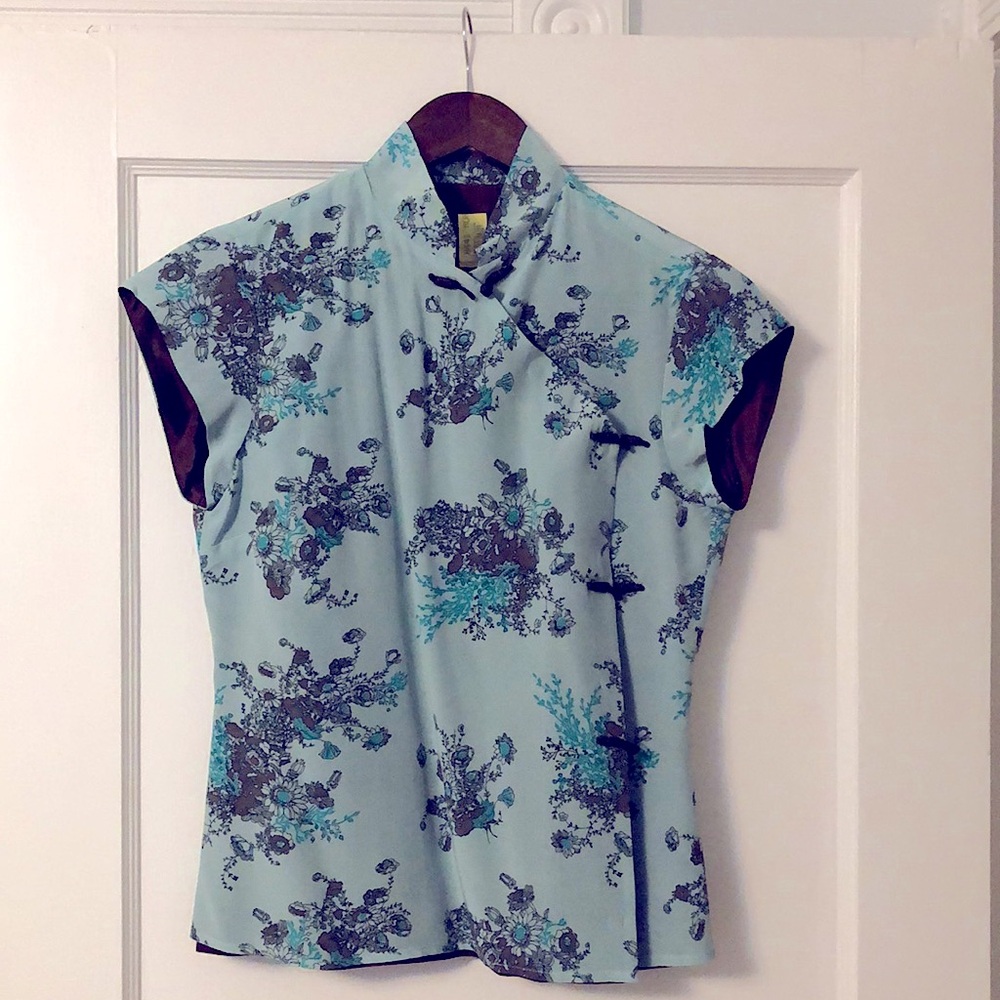 Vintage Tessuto Asymmetric Silk Blouse Asian Light Teal and Brown Floral Size 6